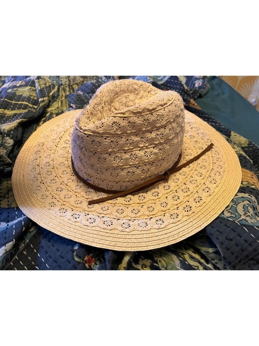 Scala Pronto Straw Hat Wide Brim Floppy Sun Beach Boho Tan Lace Trim